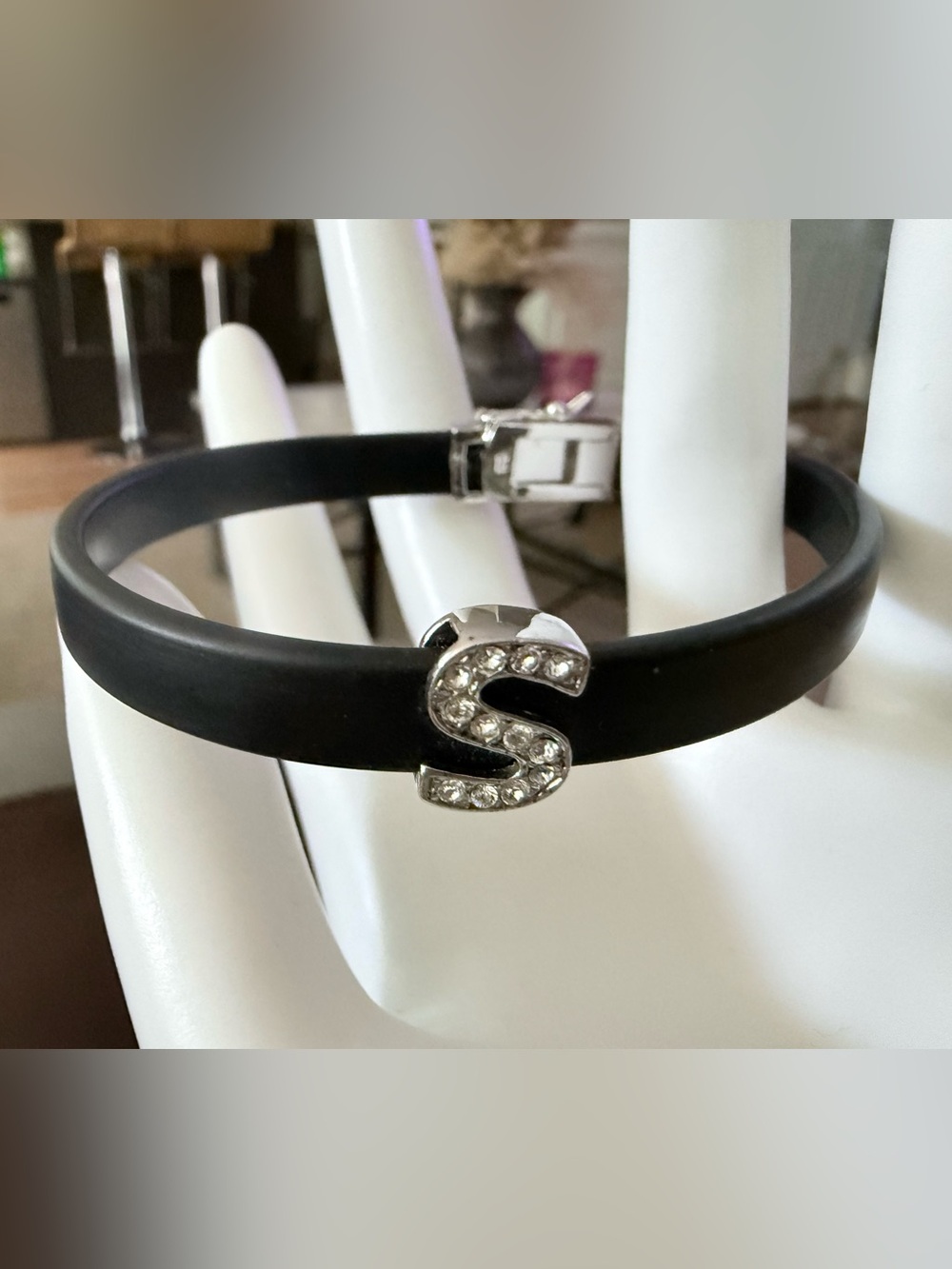 925 Sterling Silver Black Rubber Aquarius Initial S Slide Charm Bracelet 6.75